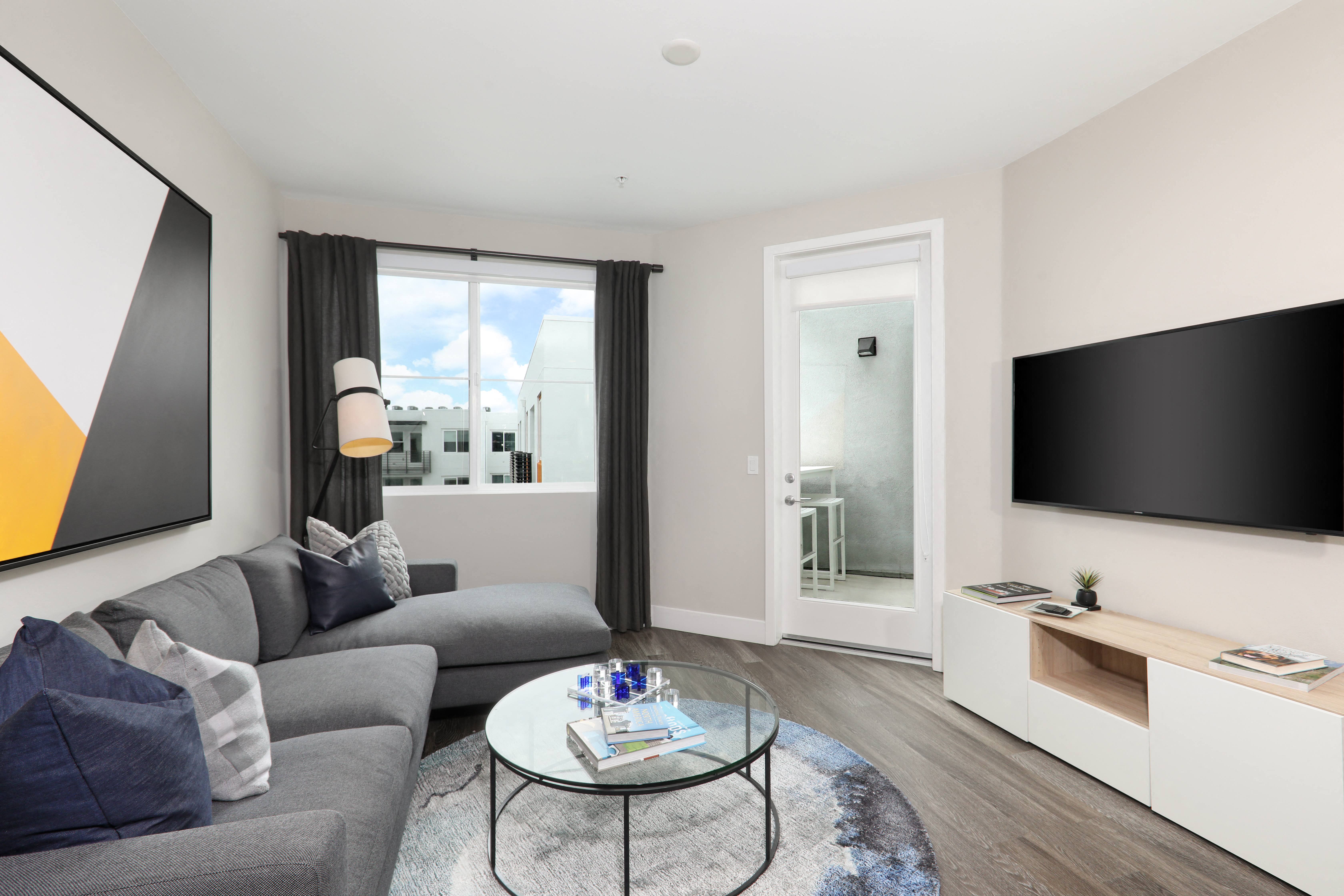 Modern living room featuring a gray couch, sleek coffee table, and flat-screen television.